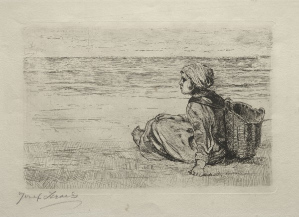 Girl with basket seated on the shore. Jozef Israëls (Dutch, 1824-1911). Etching
