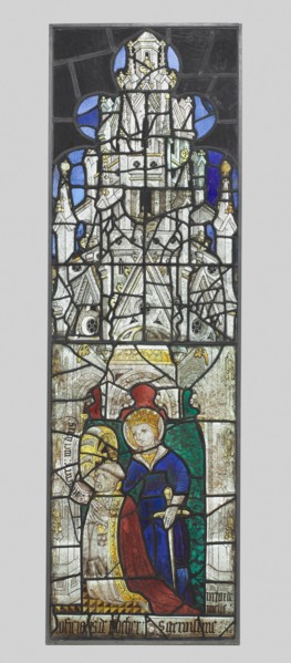 Saint Catherine with a Kneeling Male Donor, 1400s. France, Poitou, Melle, 15th century. Pot metal,