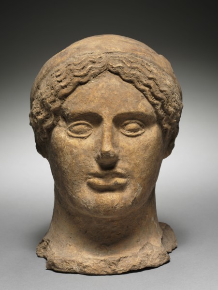 Head of a Woman, 500-475 BC. Italy, Etruscan, 5th Century BC. Terracotta; overall: 20.3 cm (8 in.).