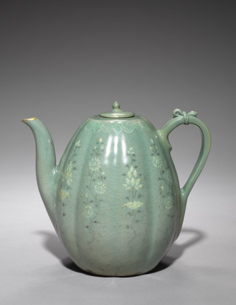Melon-shaped Ewer with Incised Peony Design, 918-1392. Korea, Goryeo period (918-1392). Pottery;