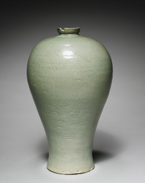 Prunus Vase with Incised Peony Design, 1100s-1200s. Korea, Goryeo period (918-1392). Pottery;