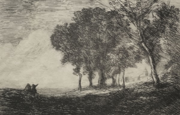 Italian Landscape, c. 1865. Jean Baptiste Camille Corot (French, 1796-1875). Etching; sheet: 28 x