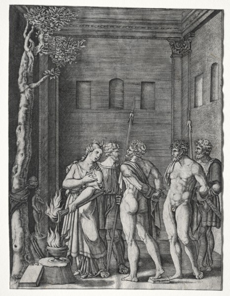 Orestes and Pylades brought to Iphigenia for Sacrifice, 1514/1536. Agostino Musi (Italian,