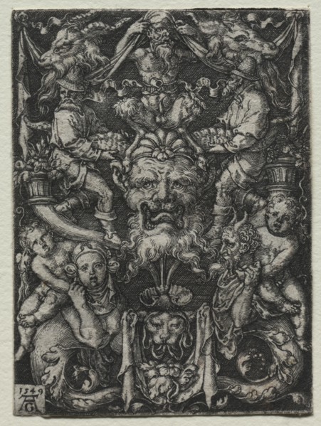 Ornament Design with a Mask, A Couple of Tritons, and Two Children Below, 1549. Heinrich Aldegrever