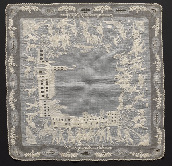Embroidered Handkerchief, 1850-1899. Italy, 2nd half 19th century. Embroidery; overall: 45.1 x 45.1