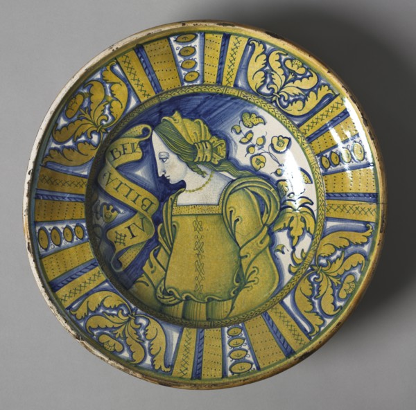 Plate, c. 1500-1510. Italy, Deruta, early 16th century. Tin-glazed earthenware with yellow and blue