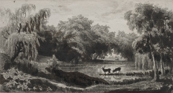 The Pool with Stags, 1845. Charles François Daubigny (French, 1817-1878). Etching, hand colored