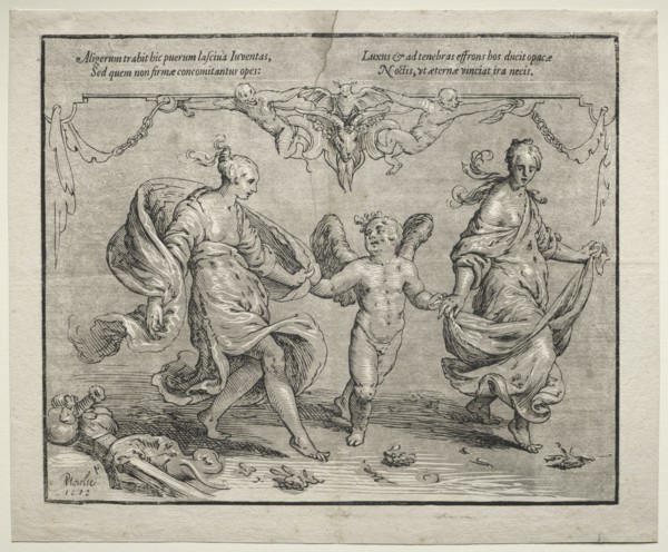 Cupid dancing with two allegorical women, 1612. Paulus Moreelse (Dutch, 1571-1638). Chiaroscuro