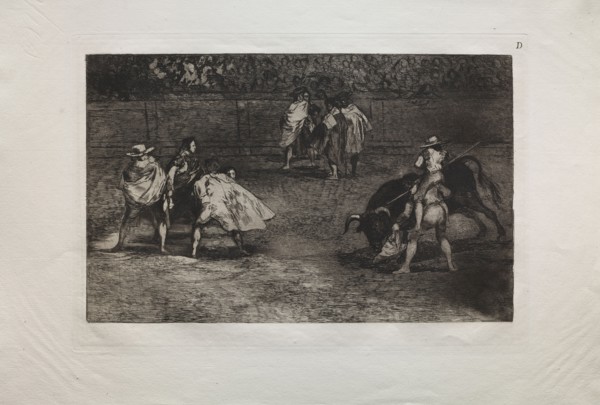 Bullfights:  A Bullfighter Mounted on the Shoulders of an Assistant, Spearing a Bull, 1876.