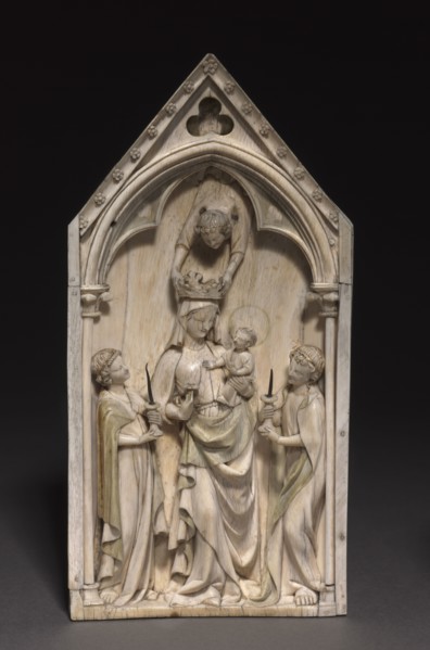 Plaque: The Virgin and Child with Angels, c. 1320-1330. France, Paris, Gothic period. Ivory, traces