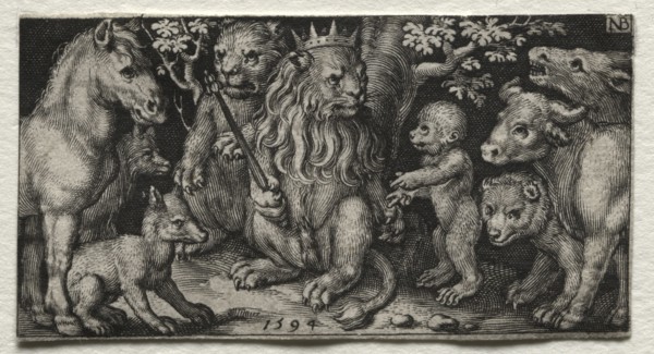 Fighting Chimeras and Scenes to Aesop's Fables: The King of Beasts, 1594. Nicolaes de Bruyn
