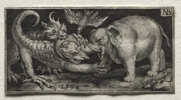 Fighting Chimeras and Scenes to Aesop's Fables: Elephant  Fighting two Beasts, 1594. Nicolaes de