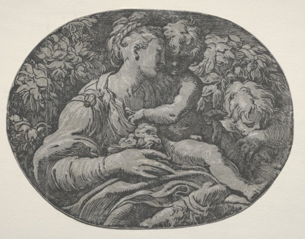 Virgin and Child with St. John, 1500s. Italy, 16th century. Chiaroscuro woodcut