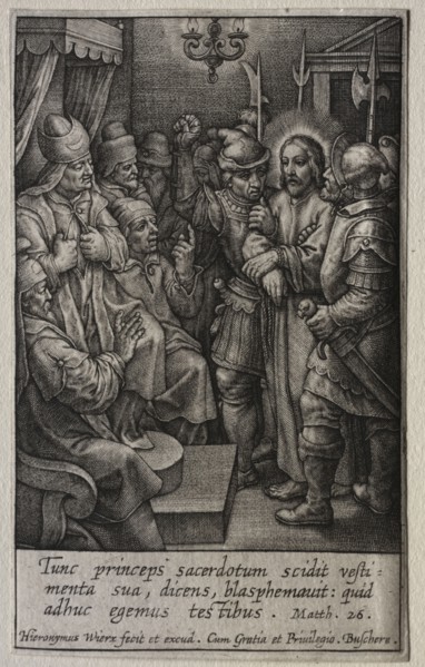 The Passion: Christ before the High Priest. Hieronymus Wierix (Flemish, 1553-1619). Engraving