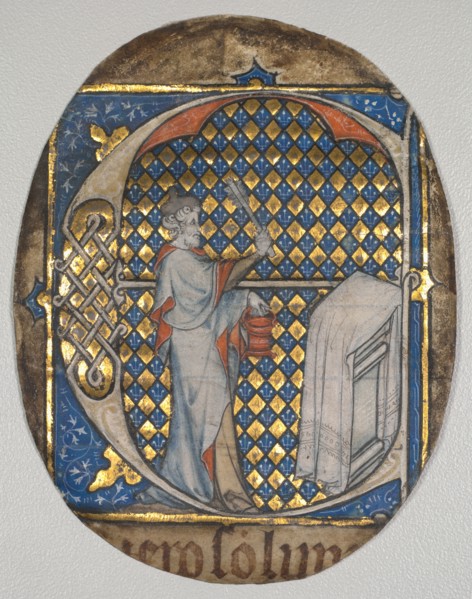 Fragment from a Lectern Bible: Initial E[t fecit Josias] with Josiah Aspersing the Altar, c. 1300.