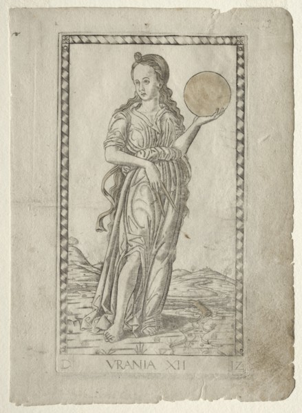 Urania (astronomy) (from the Tarocchi series D:  Apollo and the Muses, #12), before 1467. Master of