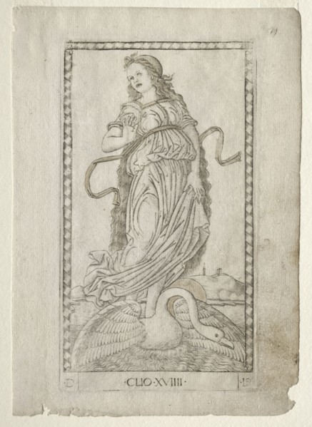 Clio (history) (from the Tarocchi series D:  Apollo and the Muses, #19), before 1467. Master of the