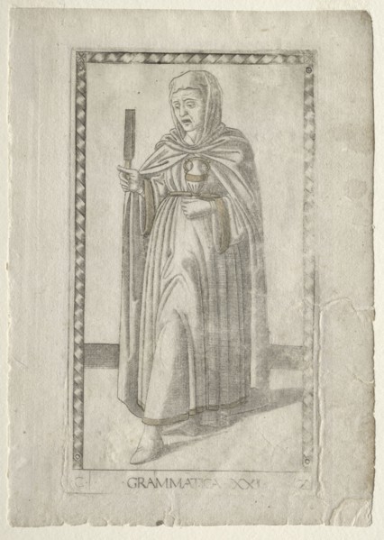 Grammar (from the Tarocchi, series C:  Liberal Arts, #21), before 1467. Master of the E-Series