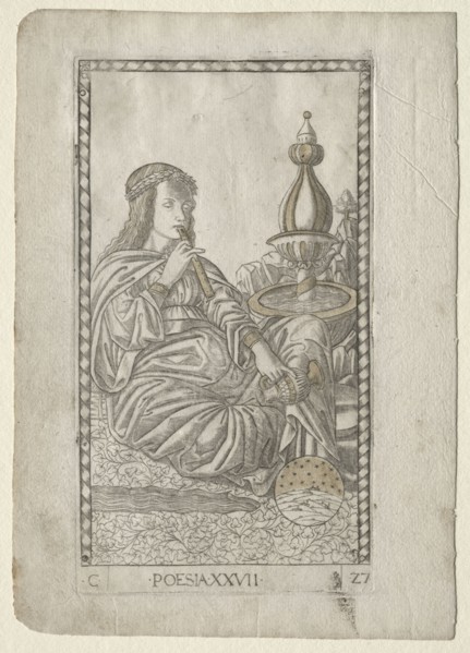 Poetry (from the Tarocchi, series C:  Liberal Arts, #27), before 1467. Master of the E-Series