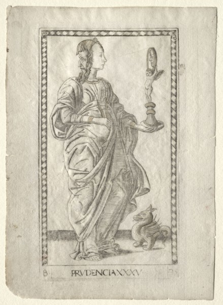 Prudence (from the Tarocchi, series B: Cosmic Principles & Virtues, #35), before 1467. Master of
