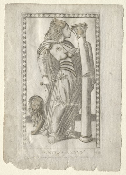Forteza (from the Tarocchi, series B: Cosmic Principles & Virtues, #36), before 1467. Master of the
