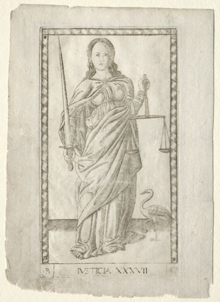 Justice (from the Tarocchi, series B: Cosmic Principles & Virtues, #37), before 1467. Master of the