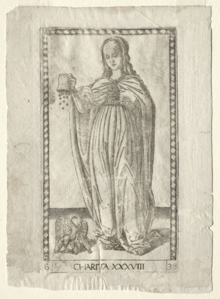 Charity (from the Tarocchi, series B: Cosmic Principles & Virtues, #38), before 1467. Master of the