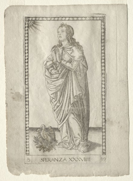 Hope (from the Tarocchi, series B: Cosmic Principles & Virtues, #39), before 1467. Master of the