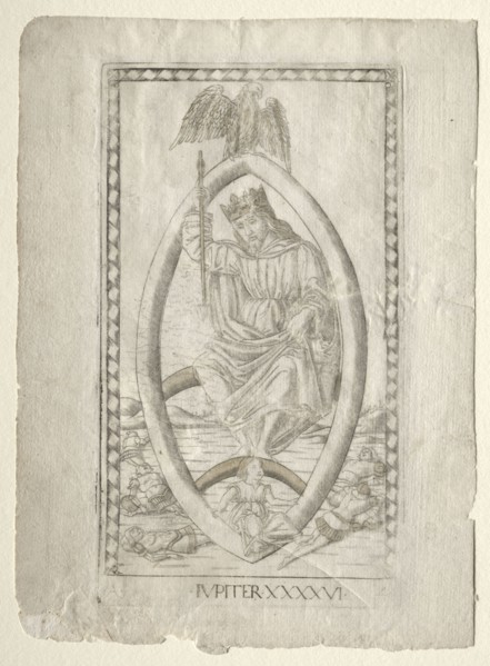 Jupiter (from the Tarocchi, series A:  Firmaments of the Universe, #46), before 1467. Master of the