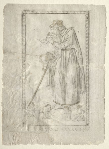 Saturn (from the Tarocchi, series A:  Firmaments of the Universe, #47), before 1467. Master of the