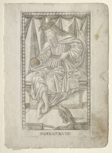 The Emperor (from the Tarocchi, series E: Conditions of Man, #9), before 1467. Master of the