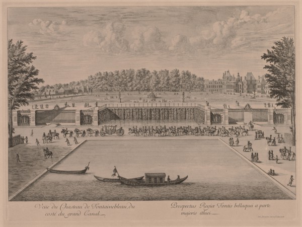 Chateau Fontainebleau from the Grand Canal. Jacques Rigaud (French, 1681-1754). Engraving