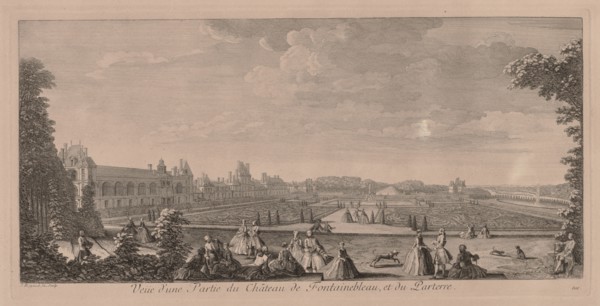 Chateau Fontainebleau and Gardens. Jacques Rigaud (French, 1681-1754). Engraving