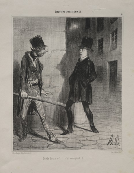 published in le Charivari (no du 24 novembre 1839): Parisian Emotions, plate 11:  What Time is it