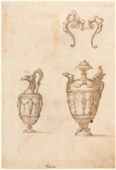 Design for Two Vases and an Ornament (recto), mid 1500s. Luzio Romano (Italian, active 1528-75).