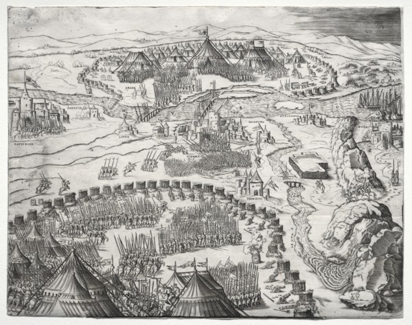 The Position and Camp of the Armies of Charles V and Soliman II, 1532. Agostino Musi (Italian,