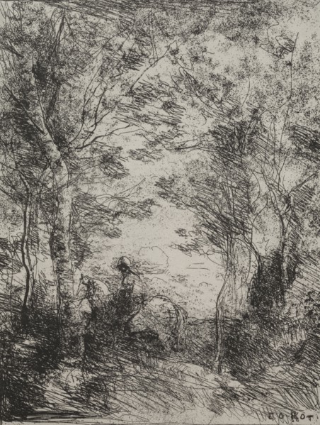 Horseman in the Woods, original impression 1854, printed in 1921. Jean Baptiste Camille Corot