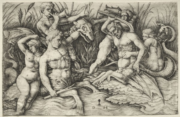 Two Tritons fighting - Battle of the Sea Gods (right portion). Daniel I Hopfer (German, c.