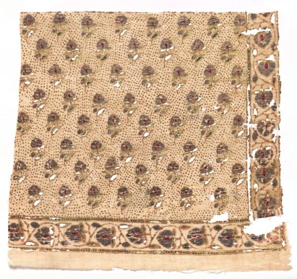 Fragment, 1800s. India, Rajasthan, 19th century. Printed with silver leaf, painted and over-printed
