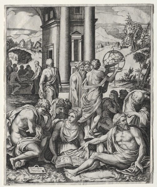 An Assembly of Scholars, c. 1515/1527. Marco Dente (Italian, c. 1486-1527), after Francesco