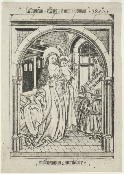 Virgin and Child, Abbot Ludwig Kneeling, 1400s. Germany, 15th century. Woodcut