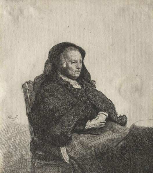 The Artist's Mother Seated at a Table, Looking Right: Three Quarter Length, c. 1631. Rembrandt van