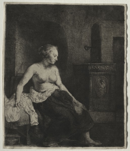 Woman Sitting Half Dressed Beside a Stove, 1658. Rembrandt van Rijn (Dutch, 1606-1669). Etching and