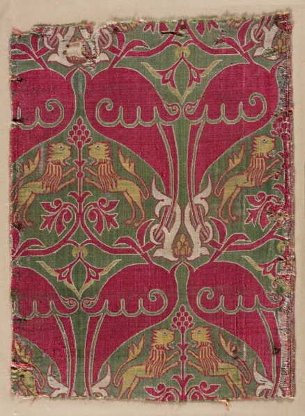 Lampas with rampant lions, palmettes, and escutcheons, 1400s. Spain, Granada, Nasrid period.