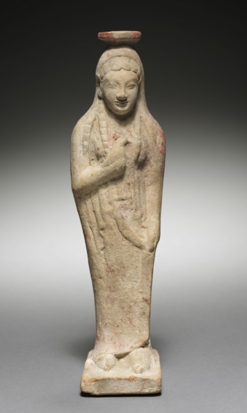 Kore Holding a Dove, 525-500 BC. Greece, Rhodes, late 6th Century BC. Terracotta; overall: 23 cm (9