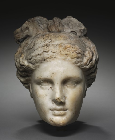 Head of Aphrodite, 1-100. Italy, Roman, 1st Century. Marble; overall: 30.3 cm (11 15/16 in.).