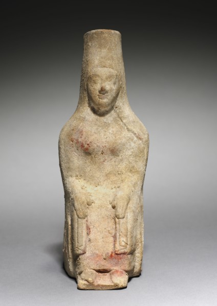 Seated Goddess, 500s BC. Greece, 6th Century BC. Terracotta; overall: 17.2 x 6.5 x 7.9 cm (6 3/4 x