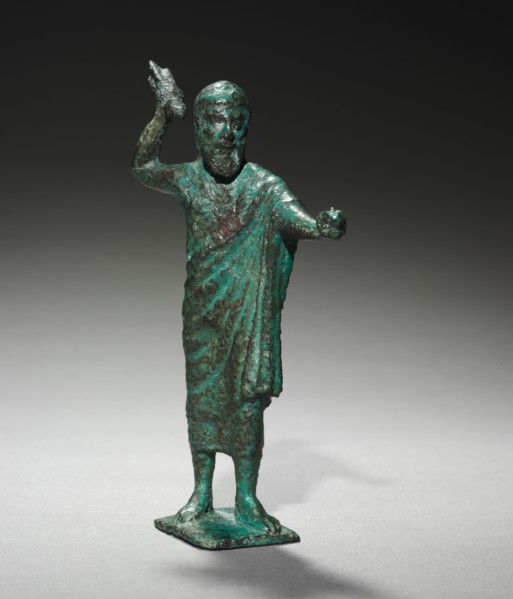 Statuette of Tinia (Zeus), 500-475 BC. Italy, Etruscan, 5th Century BC. Bronze; overall: 13.3 x 8.6