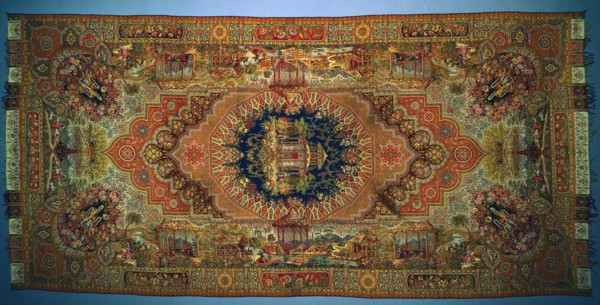 Shawl with Genre Scenes, 1875-1899. France, Paris or Lyon, 3rd quarter 19th century. Woven silk;