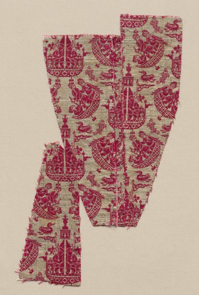 Fragment with maritime scene, late 1600s. Iran, Safavid Period. Double cloth: silk and silver-metal